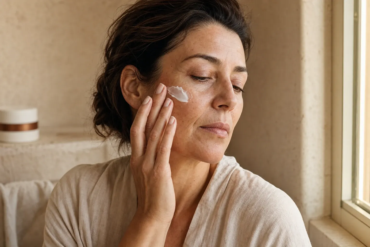 Donna di 50 anni applica Elesse Cream sullo zigomo davanti allo specchio
